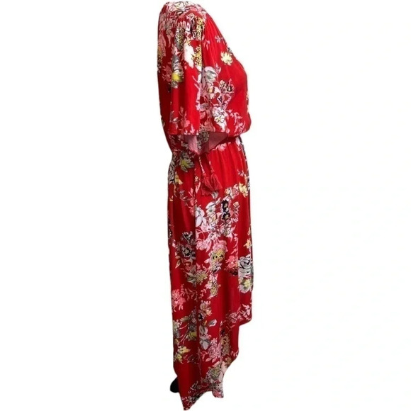 Cato plus size, red floral faux wrap, Hi-Low dress - Picture 3 of 11
